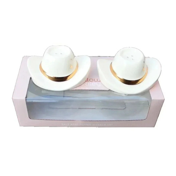 New Gold / White Retro Modern Cowboy Cowgirl Hat Salt & Pepper Shaker Set - Picture 2 of 2